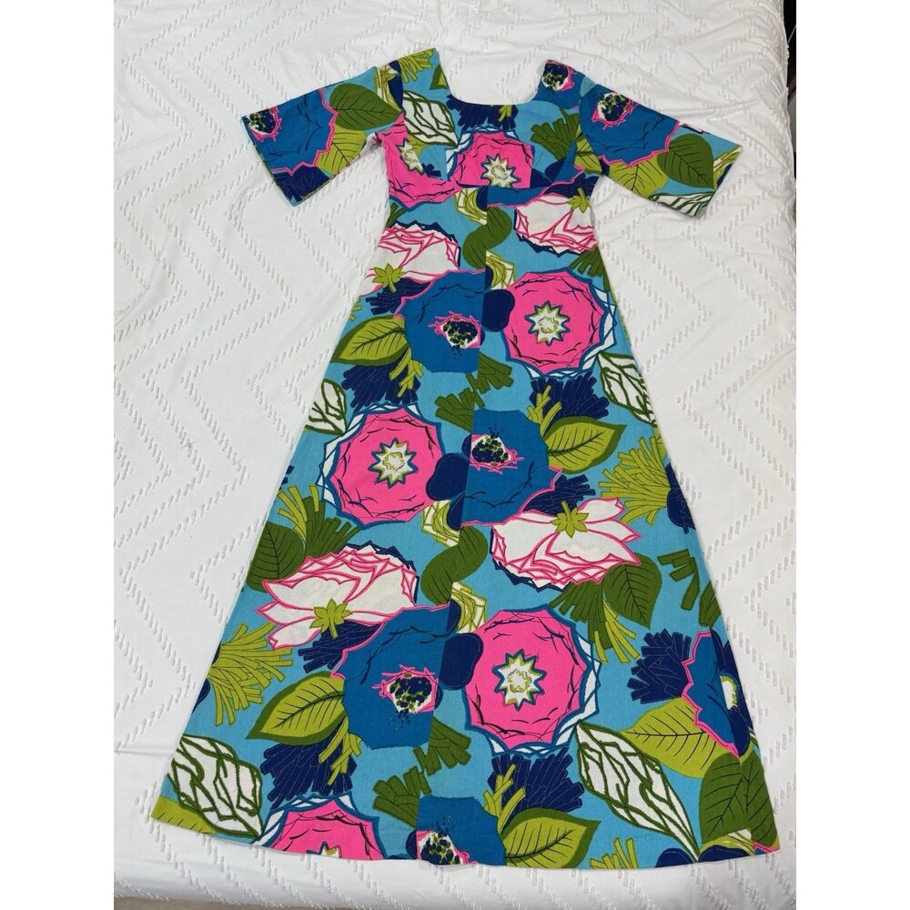 Vintage 1960s Floral Cotton Maxi Ui-Maikai Hawaiian Dress Tiki Flutter Sleeve